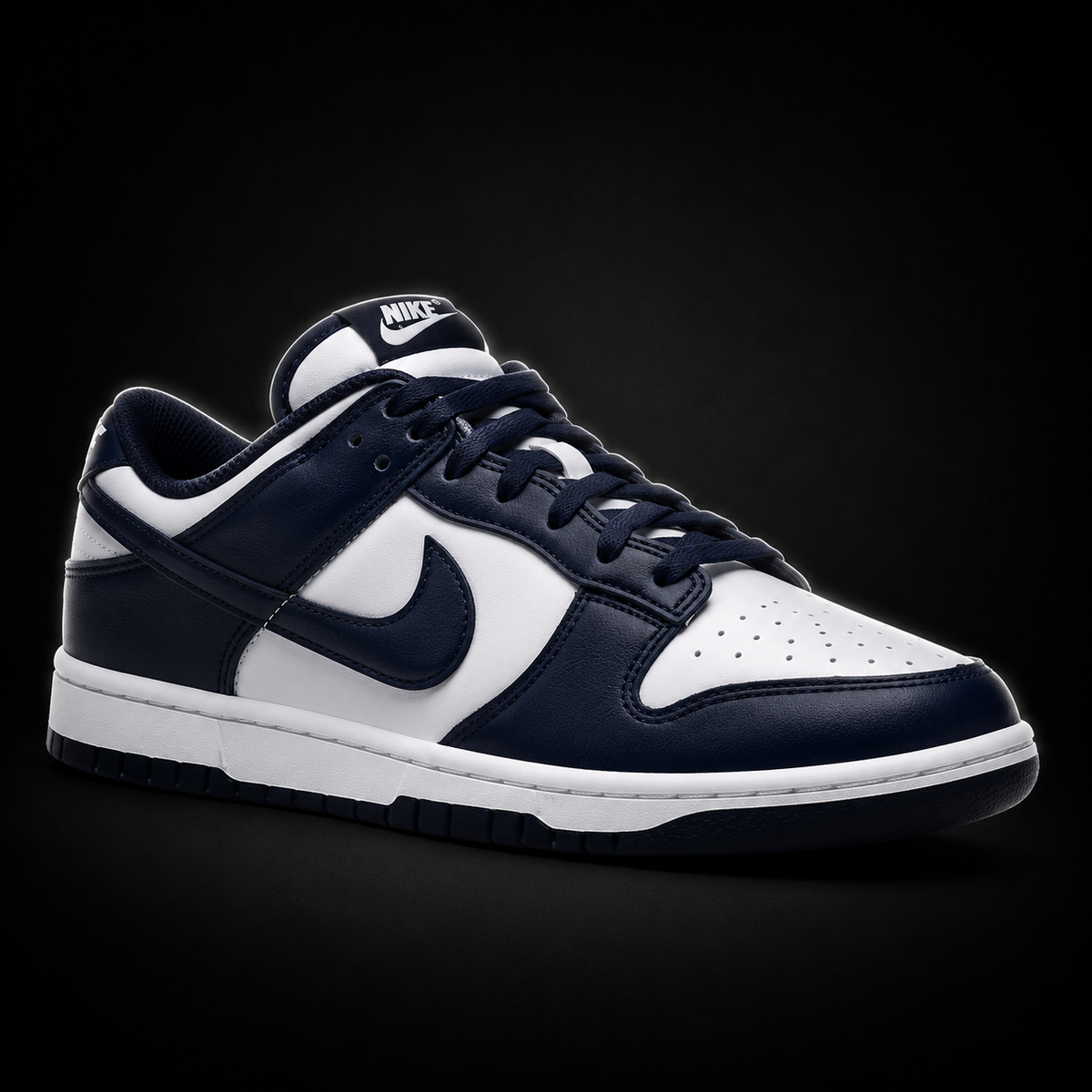 Nike Dunk Low Midnight Navy White, vista frontal — Crazy!Duck Hype