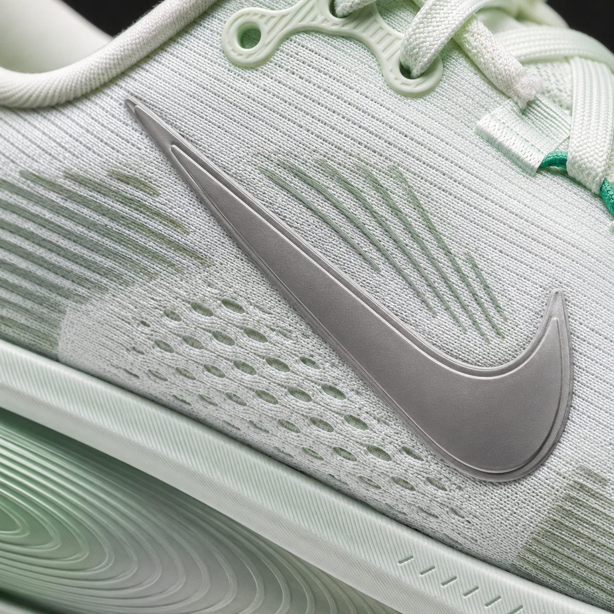 Nike Vomero 18 Barely Green Steam, detalle de logo y material — Crazy!Duck Hype