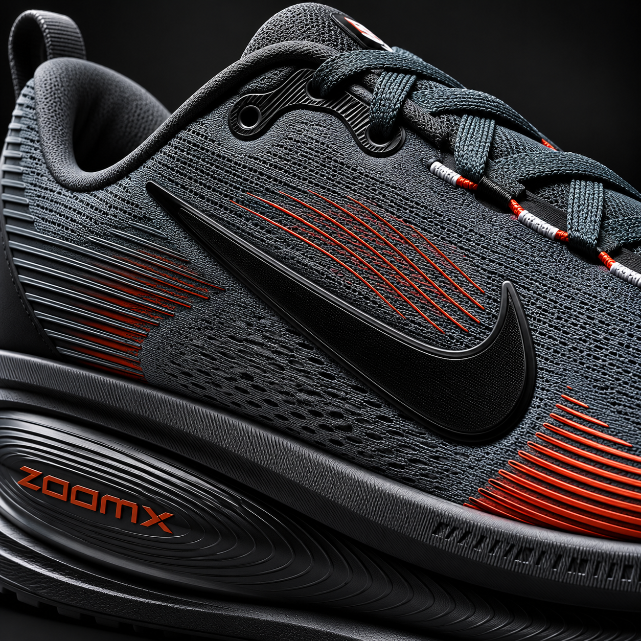 Nike Vomero 18 Smoke Grey Black, detalle de logo y material — Crazy!Duck Hype