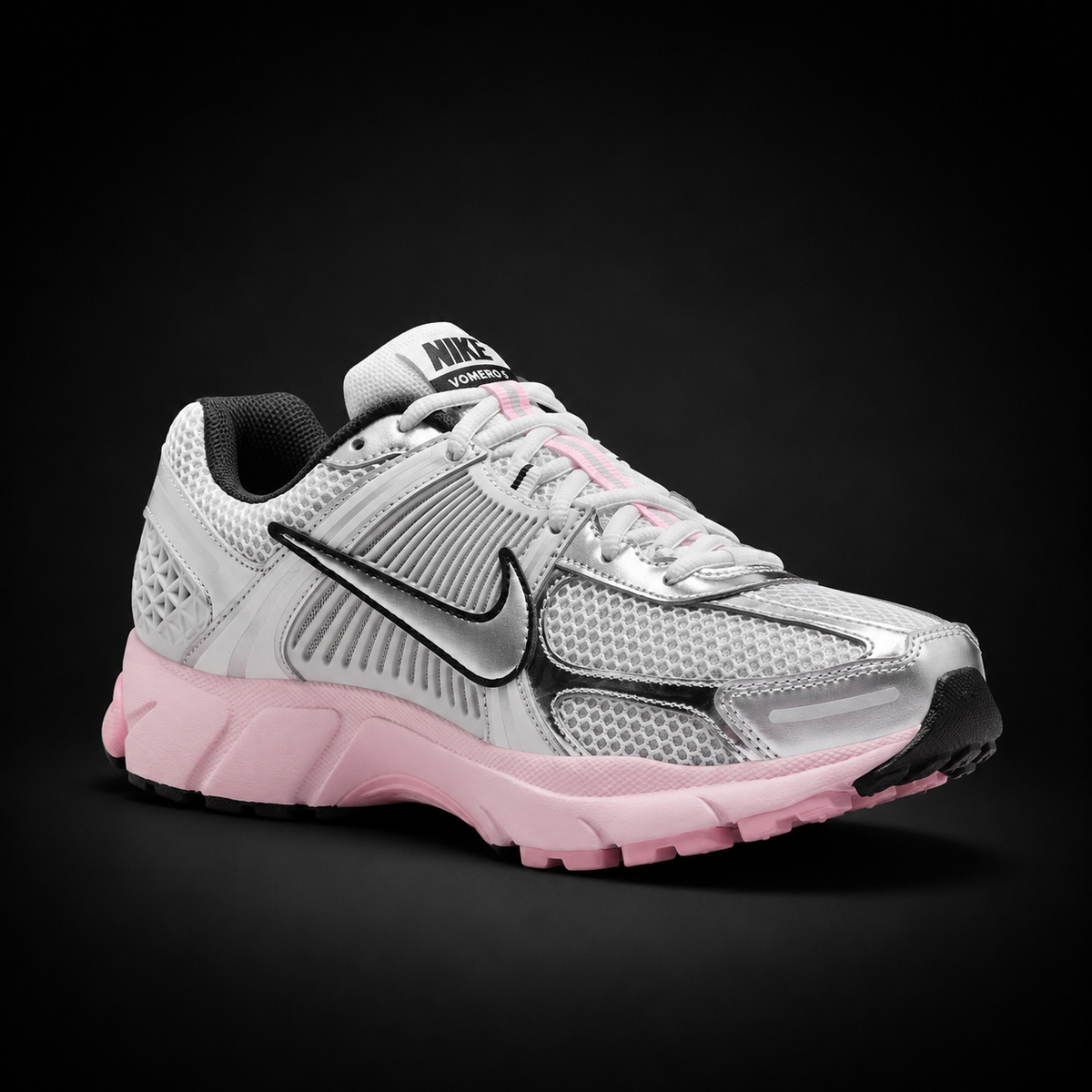 Nike Vomero 5 Metallic Silver Photon Dust Pink, vista frontal — Crazy!Duck Hype