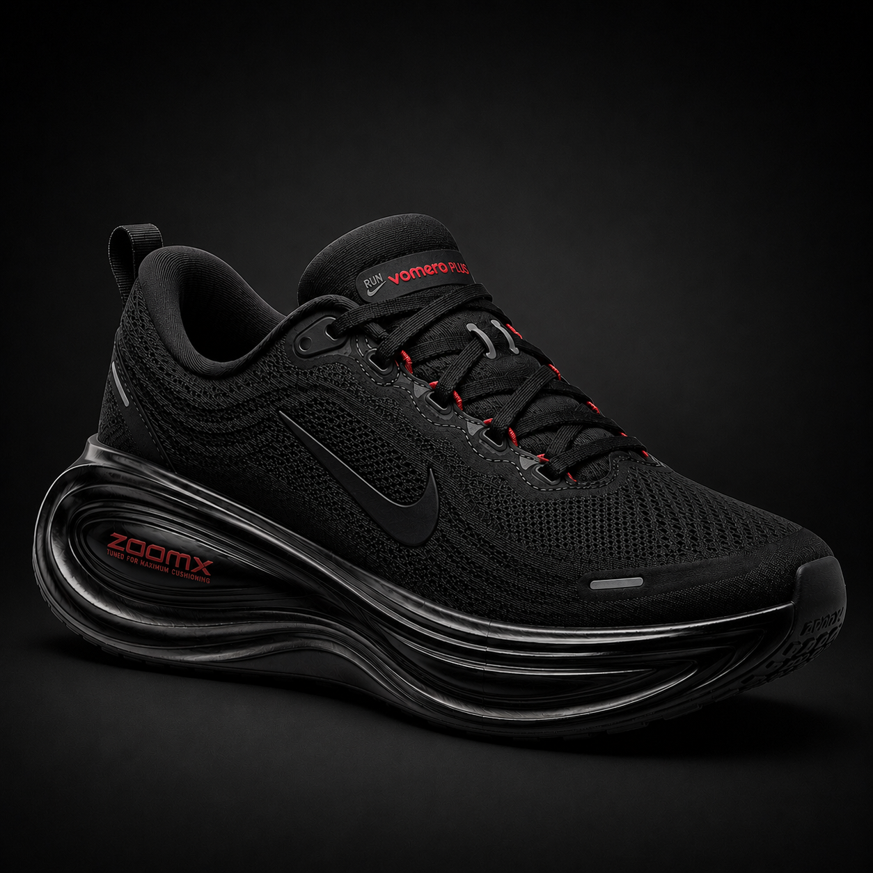 Nike Vomero Plus Black Bright Crimson, vista frontal — Crazy!Duck Hype
