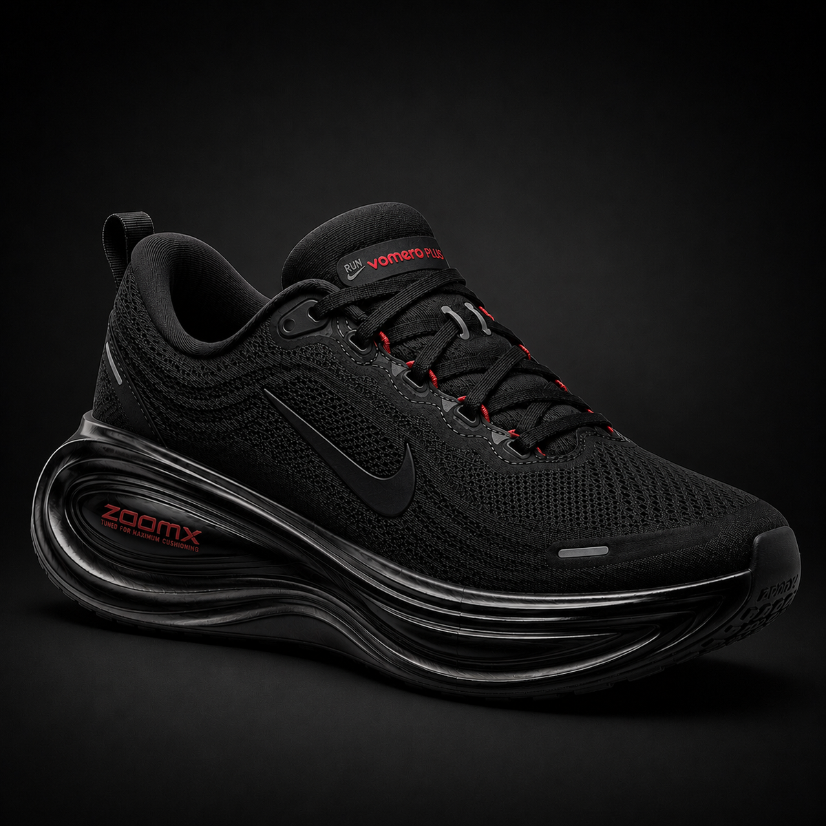 Nike Vomero Plus Black Bright Crimson, vista frontal — Crazy!Duck Hype