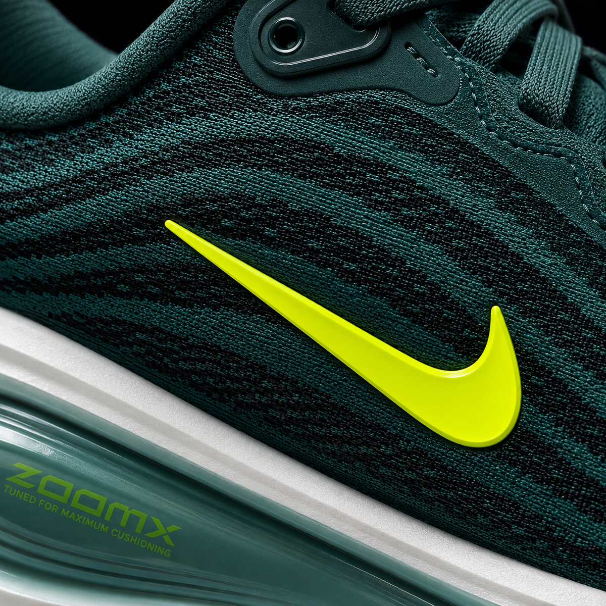 Nike Vomero Plus Seaweed Volt Barely, detalle de logo y material — Crazy!Duck Hype