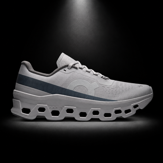 On Cloudmonster 1 Glacier Grey/Alloy, vista lateral — Crazy!Duck Hype