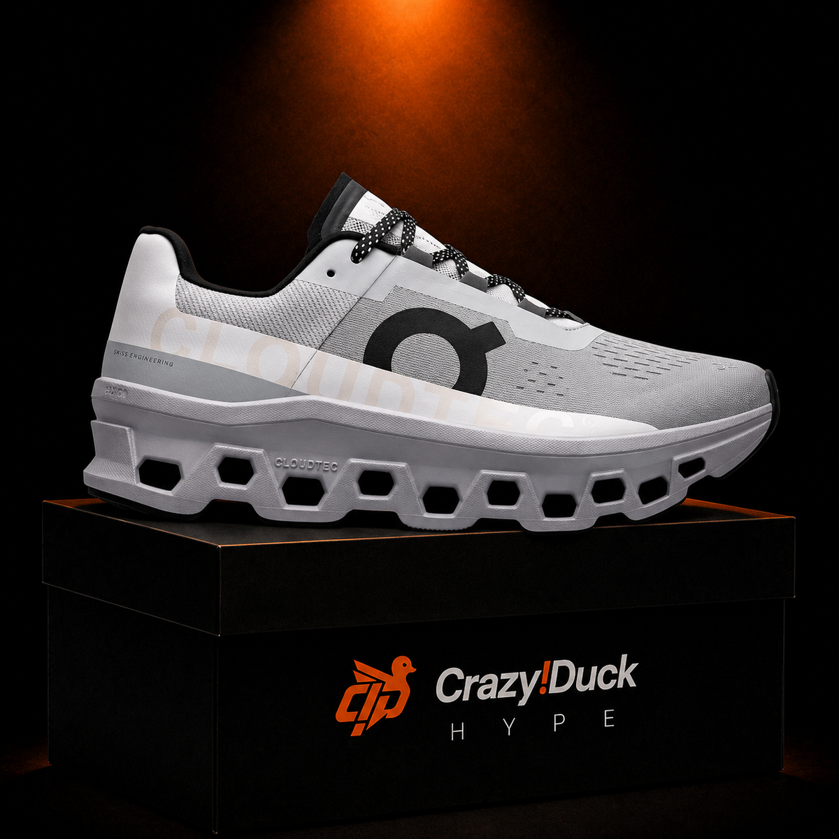 On Cloudmonster Alloy/Silver con empaque — Crazy!Duck Hype