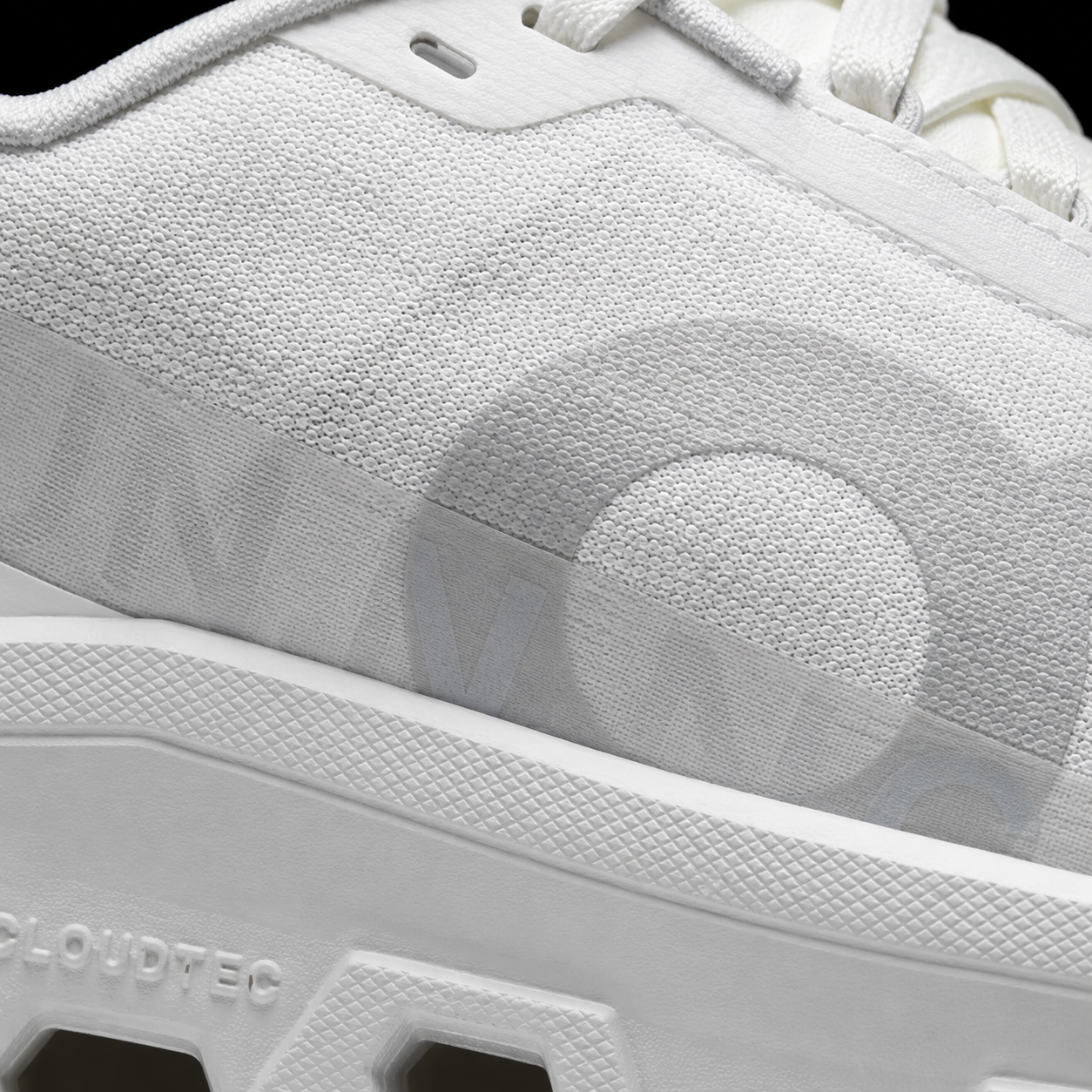 On Cloudmonster White/White, detalle de logo y material — Crazy!Duck Hype