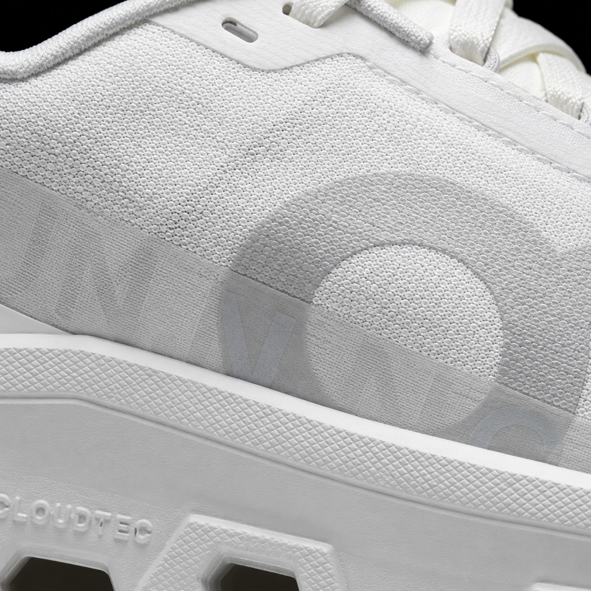 On Cloudmonster White/White, detalle de logo y material — Crazy!Duck Hype