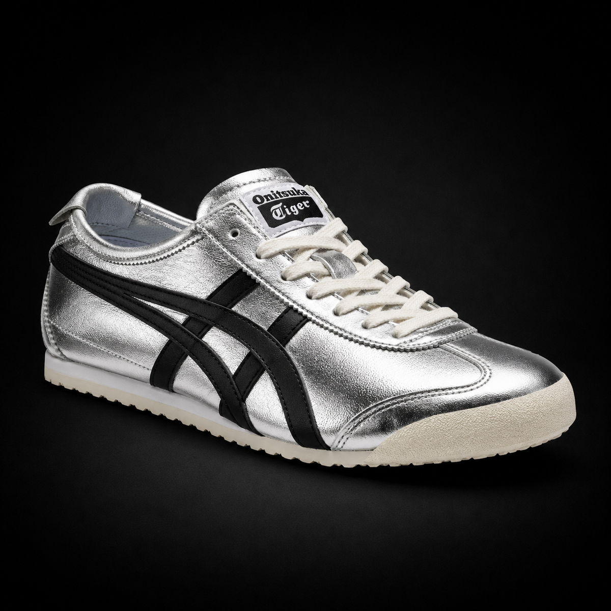 Onitsuka Tiger México 66 Vintage Pure Silver Black, vista frontal — Crazy!Duck Hype