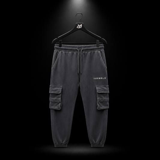 YoungLA 240 Cargo Pants Grey, vista frontal — Crazy!Duck Hype