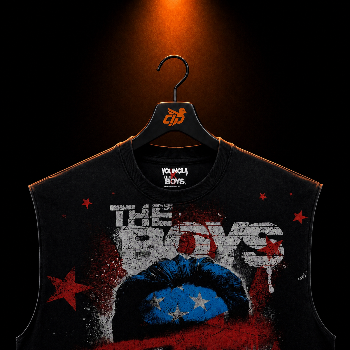 YoungLA 3005 The Boys Cut-Offs Homelander Art con presentación de producto — Crazy!Duck Hype