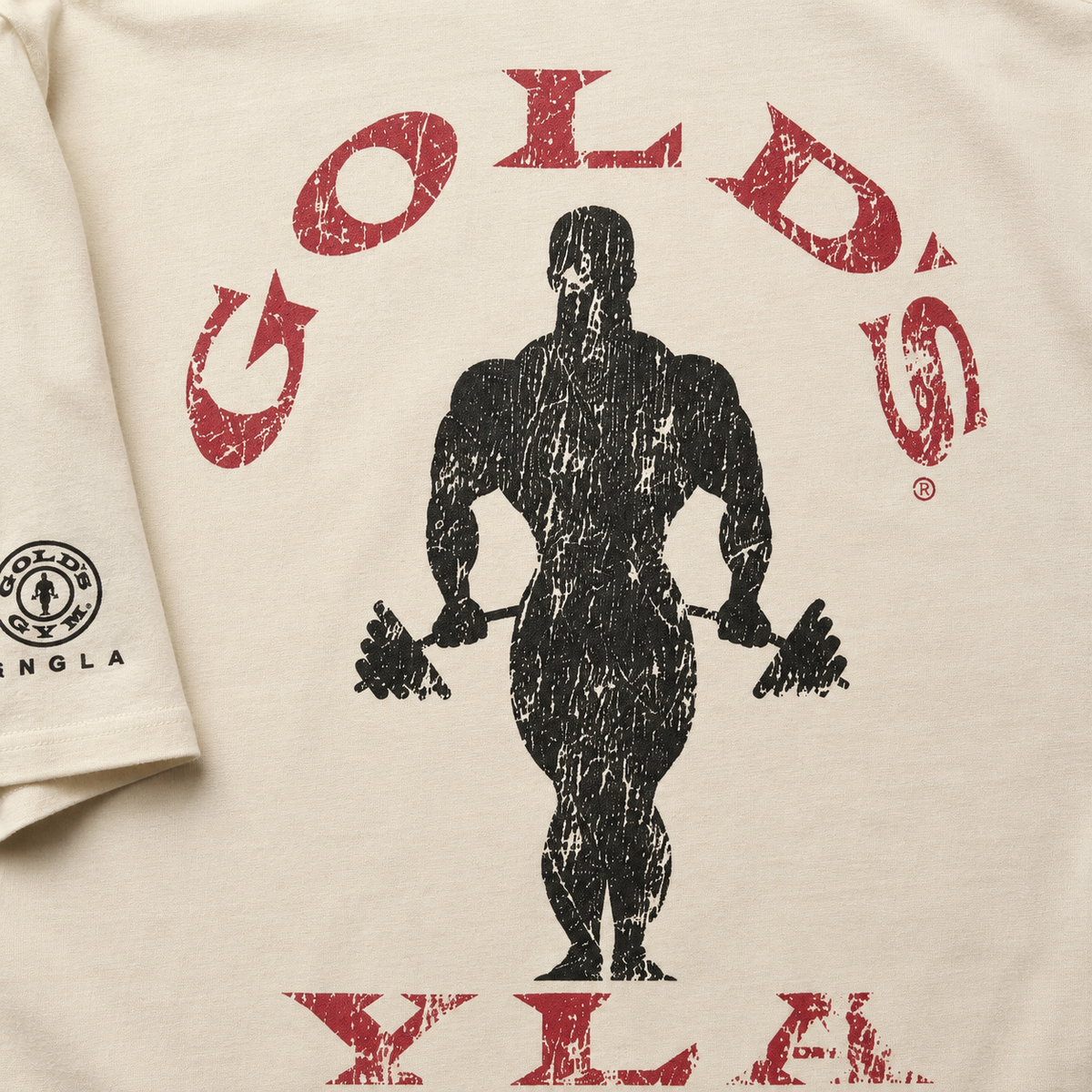 YoungLA 4002 Golds Gym New Age Tees Beige, detalle de estampado — Crazy!Duck Hype