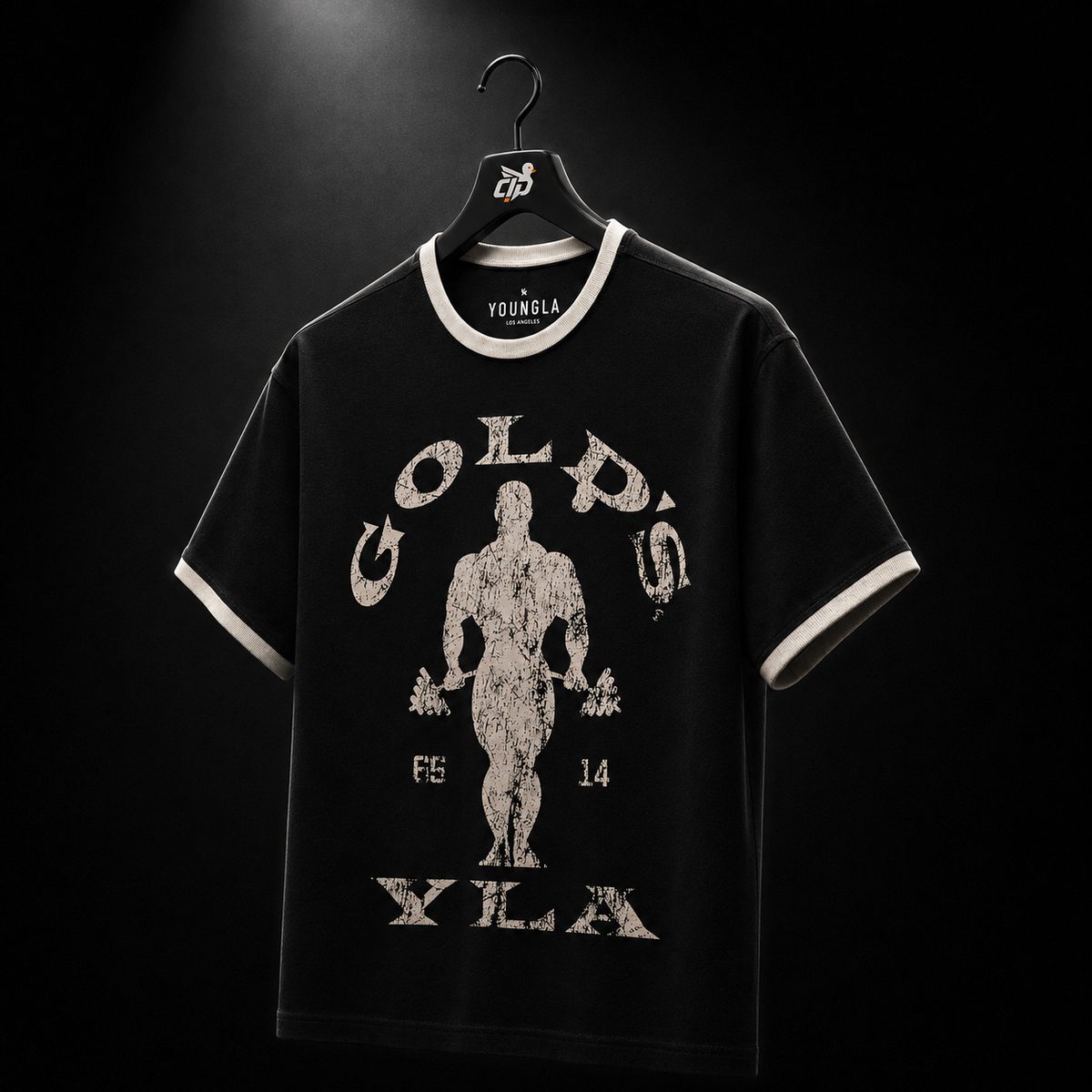 YoungLA 4009 Golds Gym Ringer Tees Black, vista 3/4 frontal — Crazy!Duck Hype