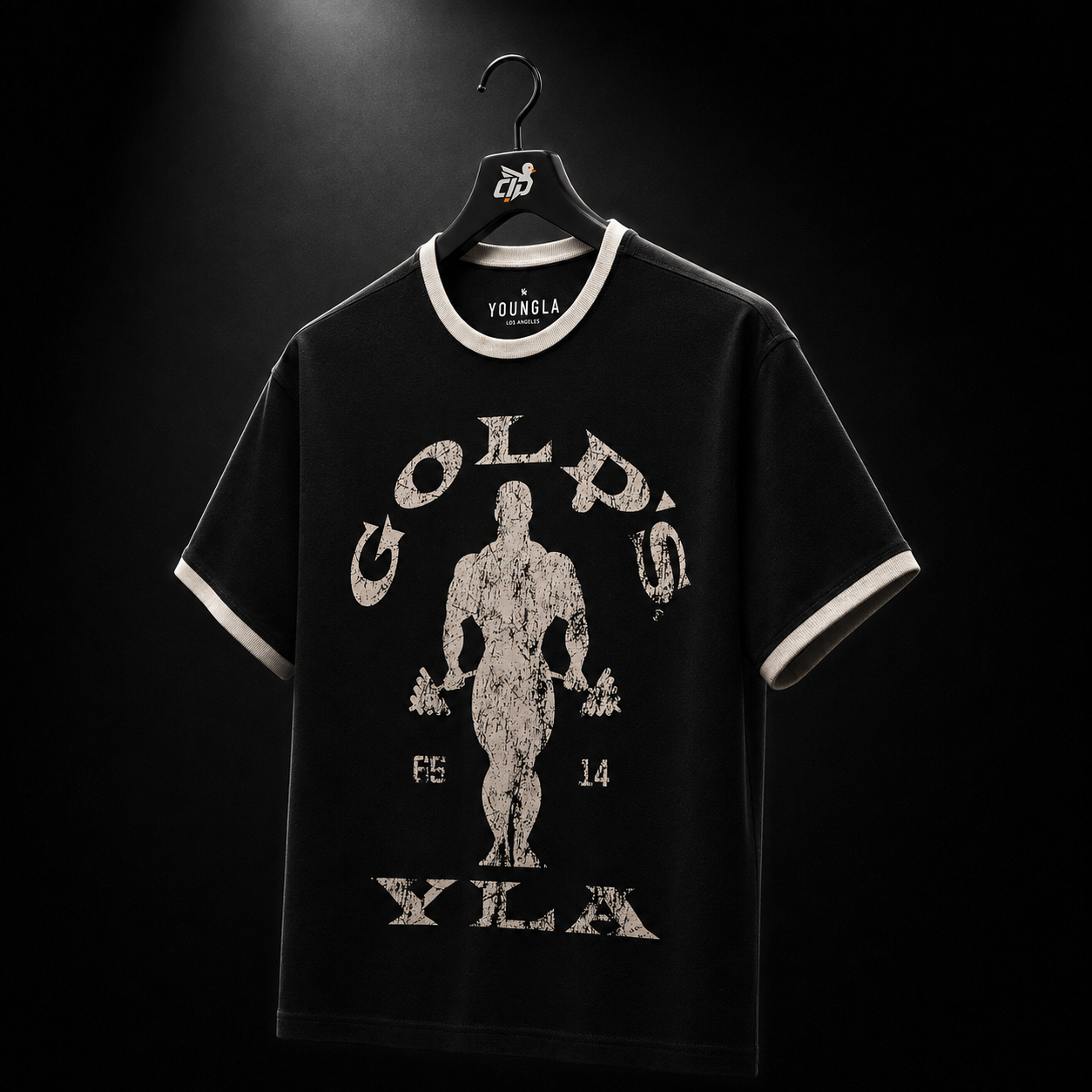 YoungLA 4009 Golds Gym Ringer Tees Black, vista 3/4 frontal — Crazy!Duck Hype