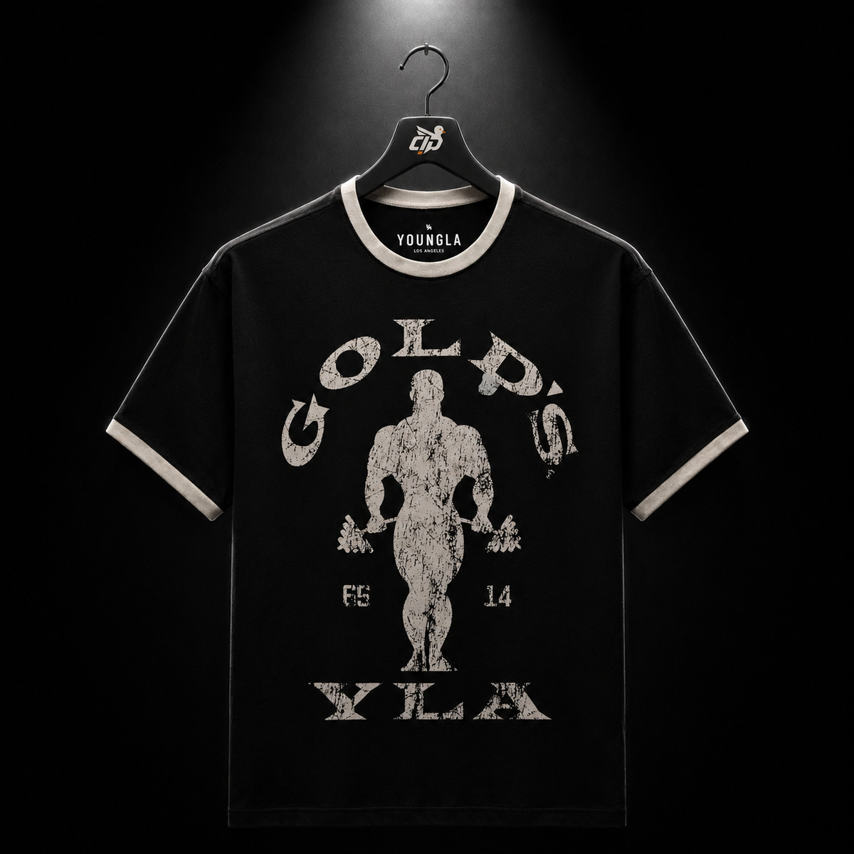YoungLA 4009 Golds Gym Ringer Tees Black, vista frontal — Crazy!Duck Hype