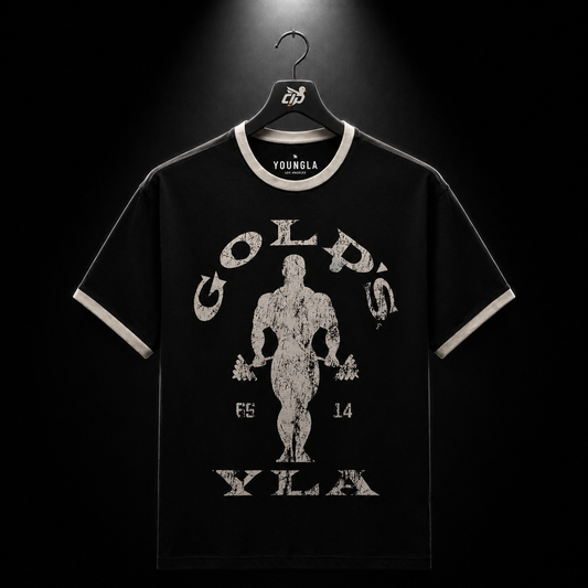 YoungLA 4009 Golds Gym Ringer Tees Black, vista frontal — Crazy!Duck Hype