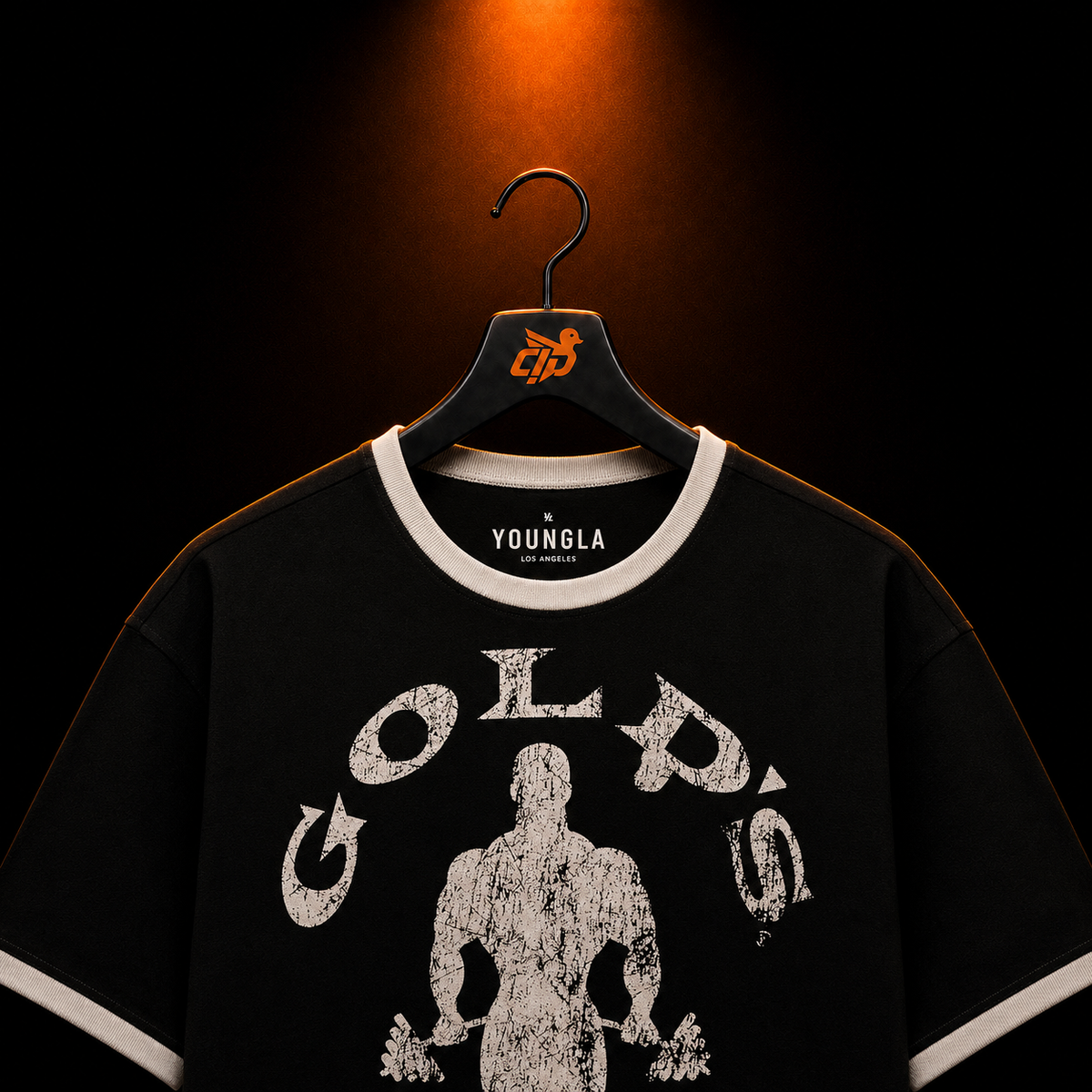 YoungLA 4009 Golds Gym Ringer Tees Black con presentación de producto — Crazy!Duck Hype
