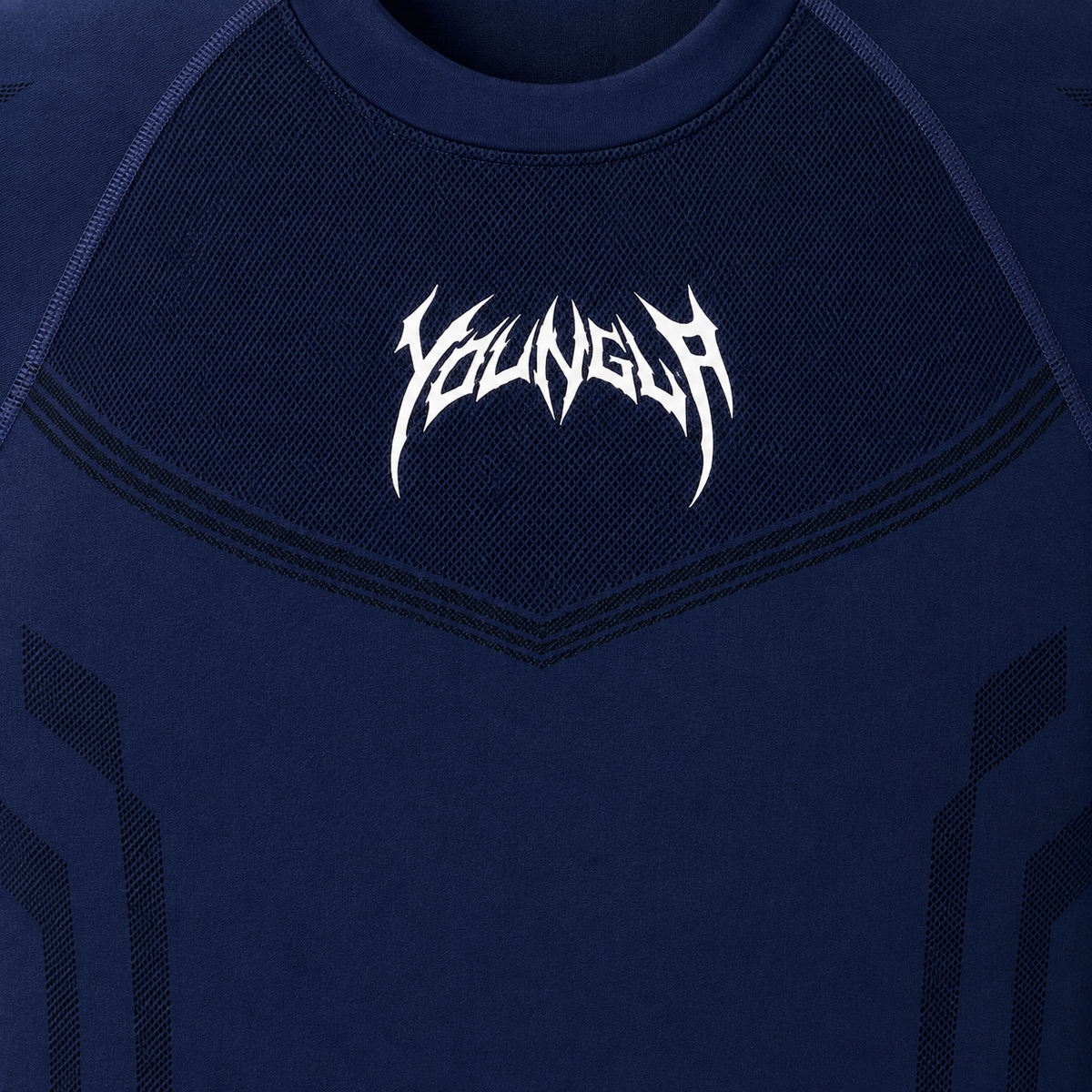 YoungLA 4041 Warrior Compression Tees Blue, detalle de logo y material — Crazy!Duck Hype