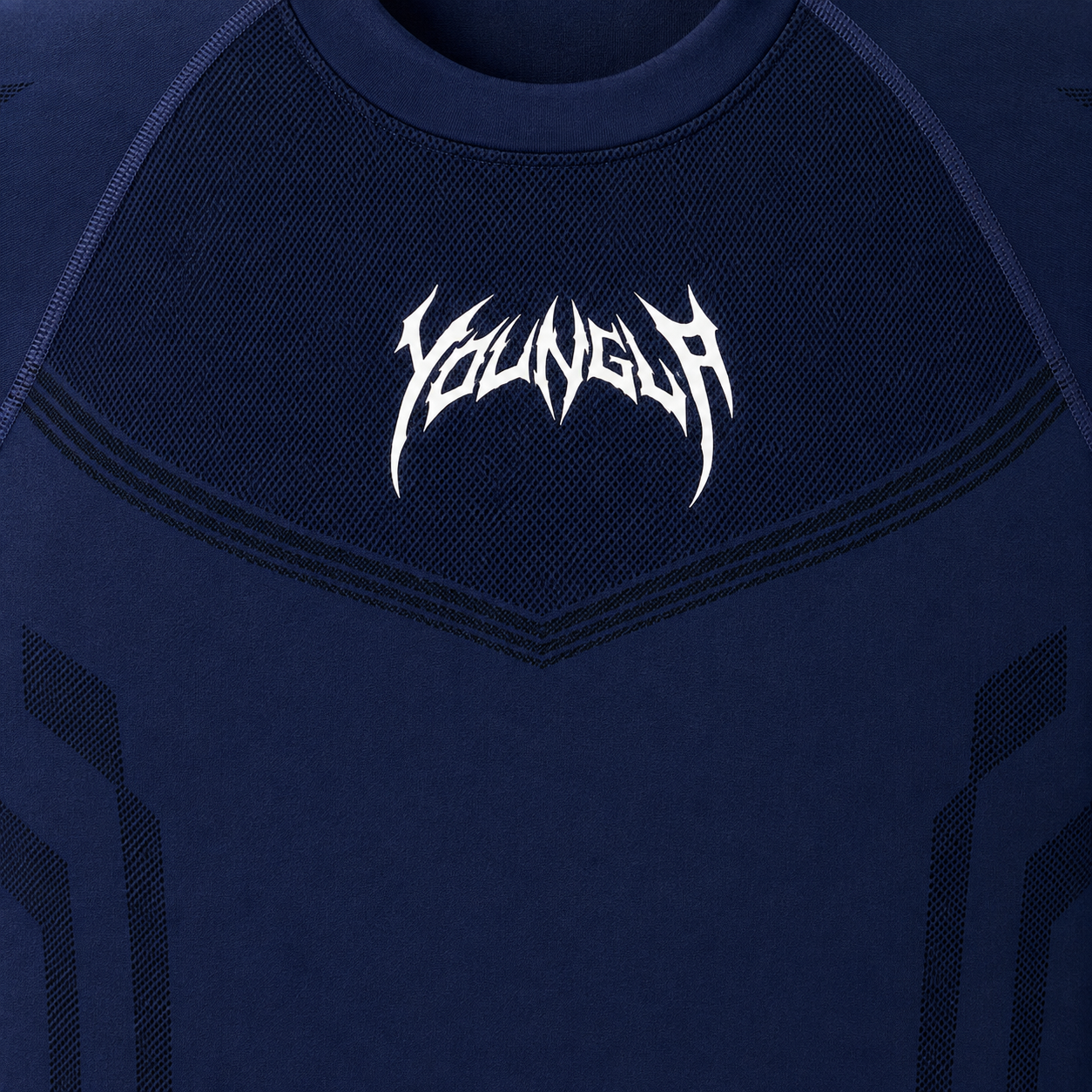 YoungLA 4041 Warrior Compression Tees Blue, detalle de logo y material — Crazy!Duck Hype