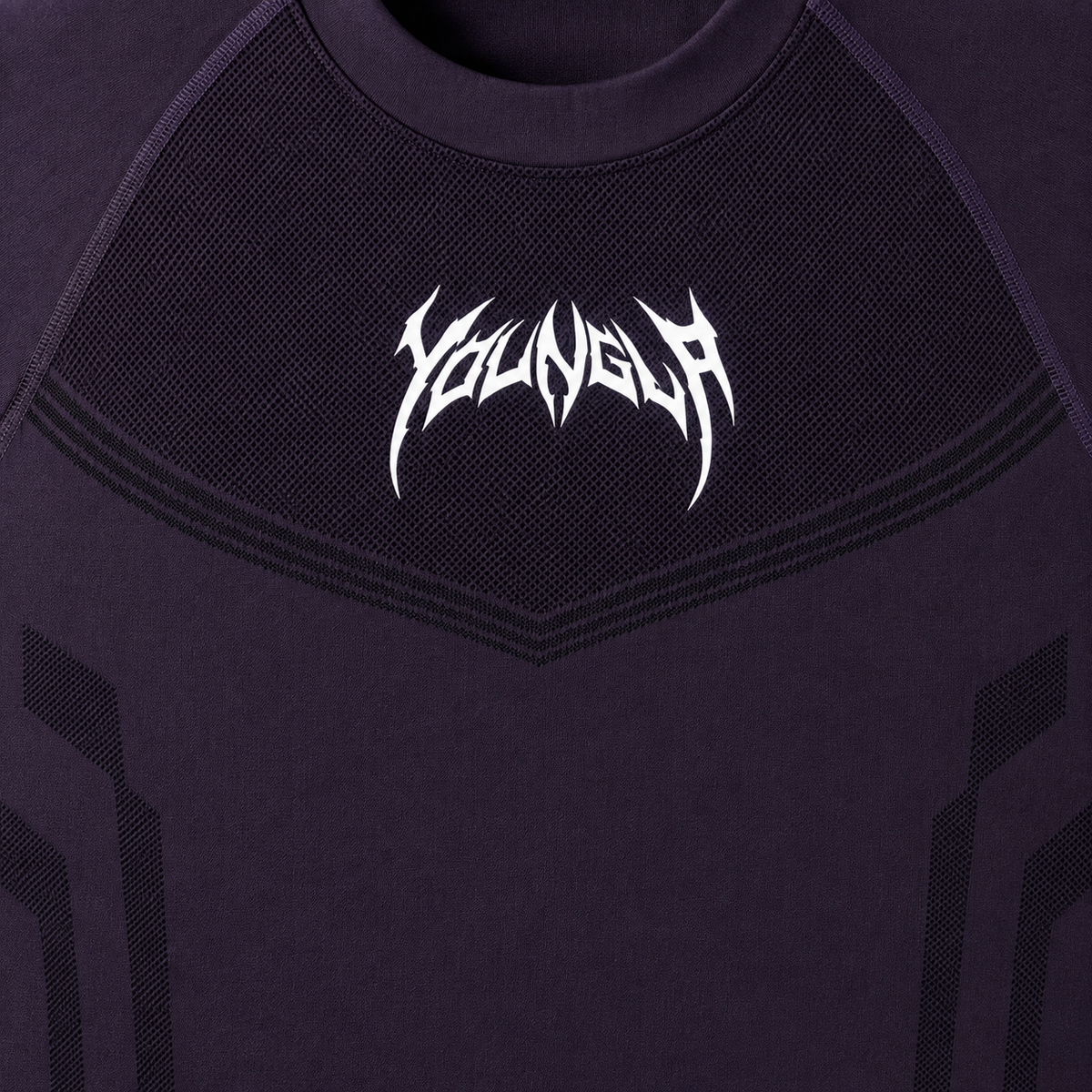 YoungLA 4041 Warrior Compression Tees Purple, detalle de logo y material — Crazy!Duck Hype