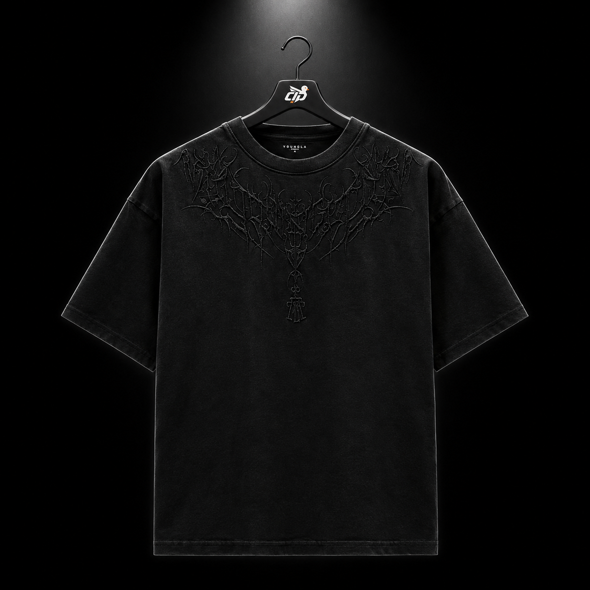 YoungLA 4106 Dark Wave Tees Black Wash, detalle de estampado — Crazy!Duck Hype