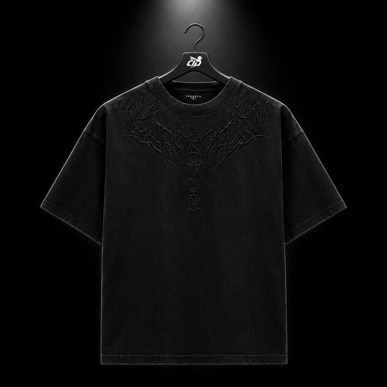 YoungLA 4106 Dark Wave Tees Black Wash, detalle de estampado — Crazy!Duck Hype