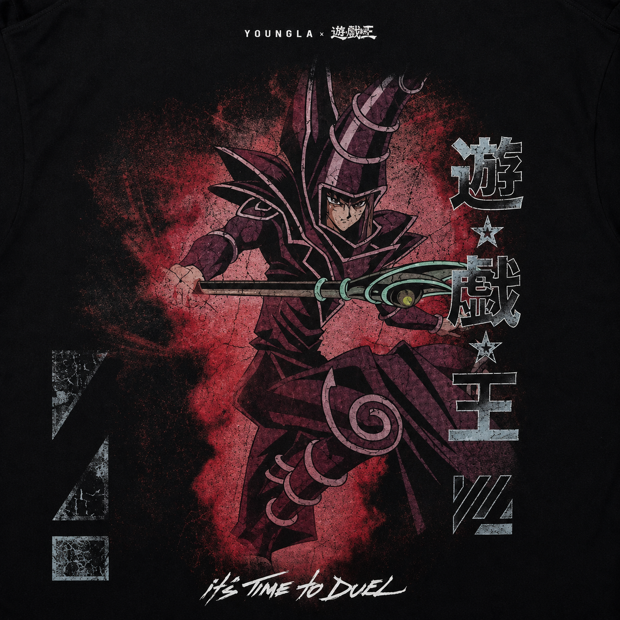 YoungLA 4123 Yu-Hi-Oh! Tees Yugi Dark Magician, detalle de logo y material — Crazy!Duck Hype