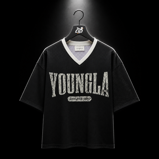 YoungLA 4187 Varsity Football Cropped Jersey, vista frontal — Crazy!Duck Hype