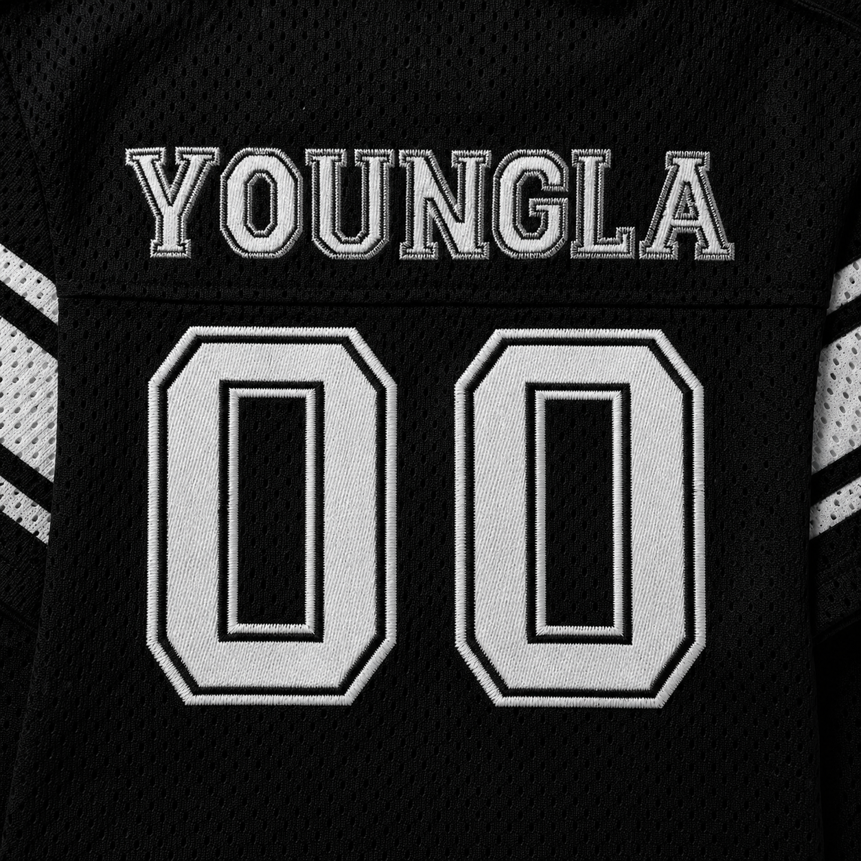 YoungLA 4226 Varsity Knit Jersey Black, detalle de número y tejido — Crazy!Duck Hype