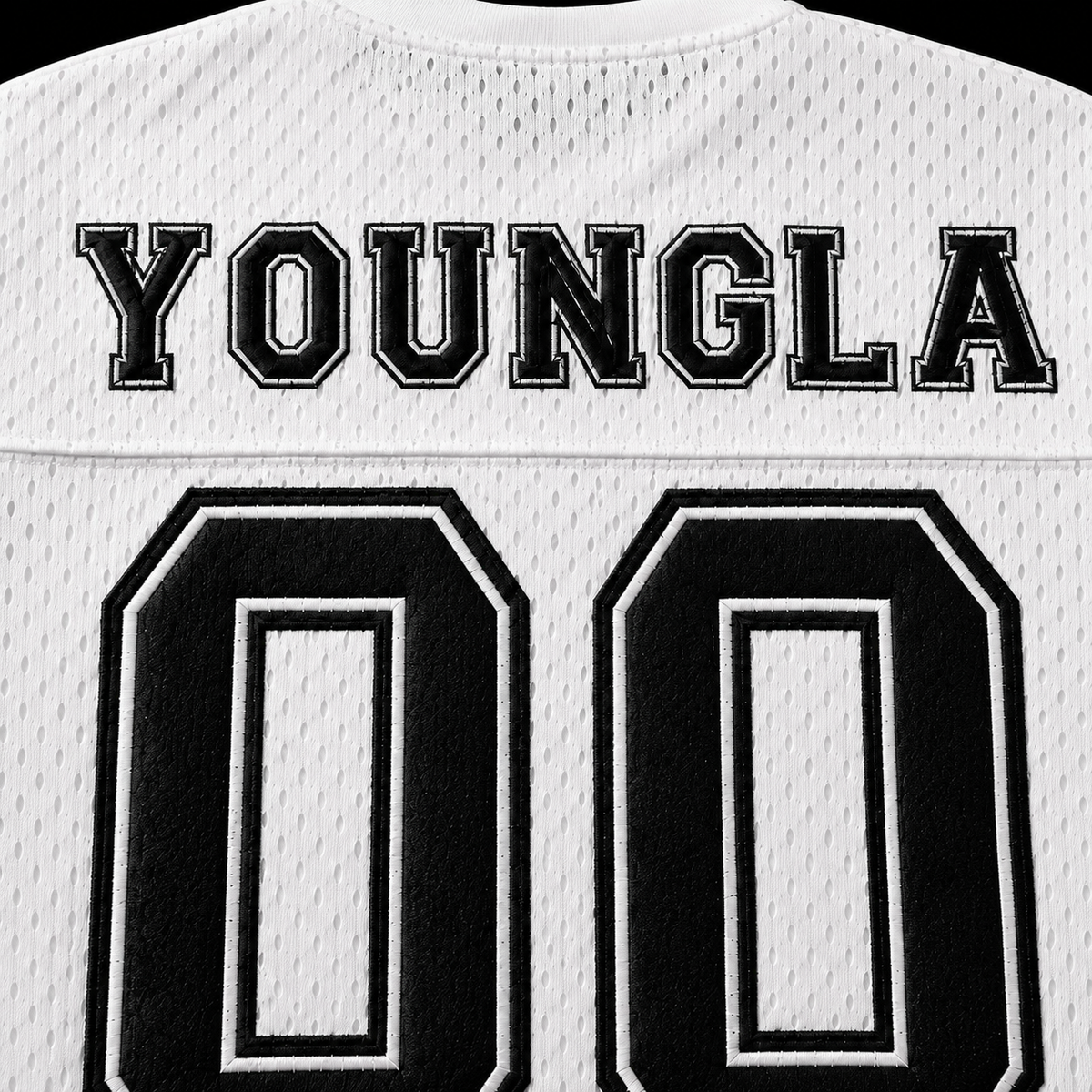 YoungLA 4226 Varsity Knit Jersey White, detalle de número y tejido — Crazy!Duck Hype