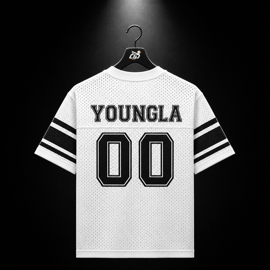 YoungLA 4226 Varsity Knit Jersey White, vista trasera — Crazy!Duck Hype
