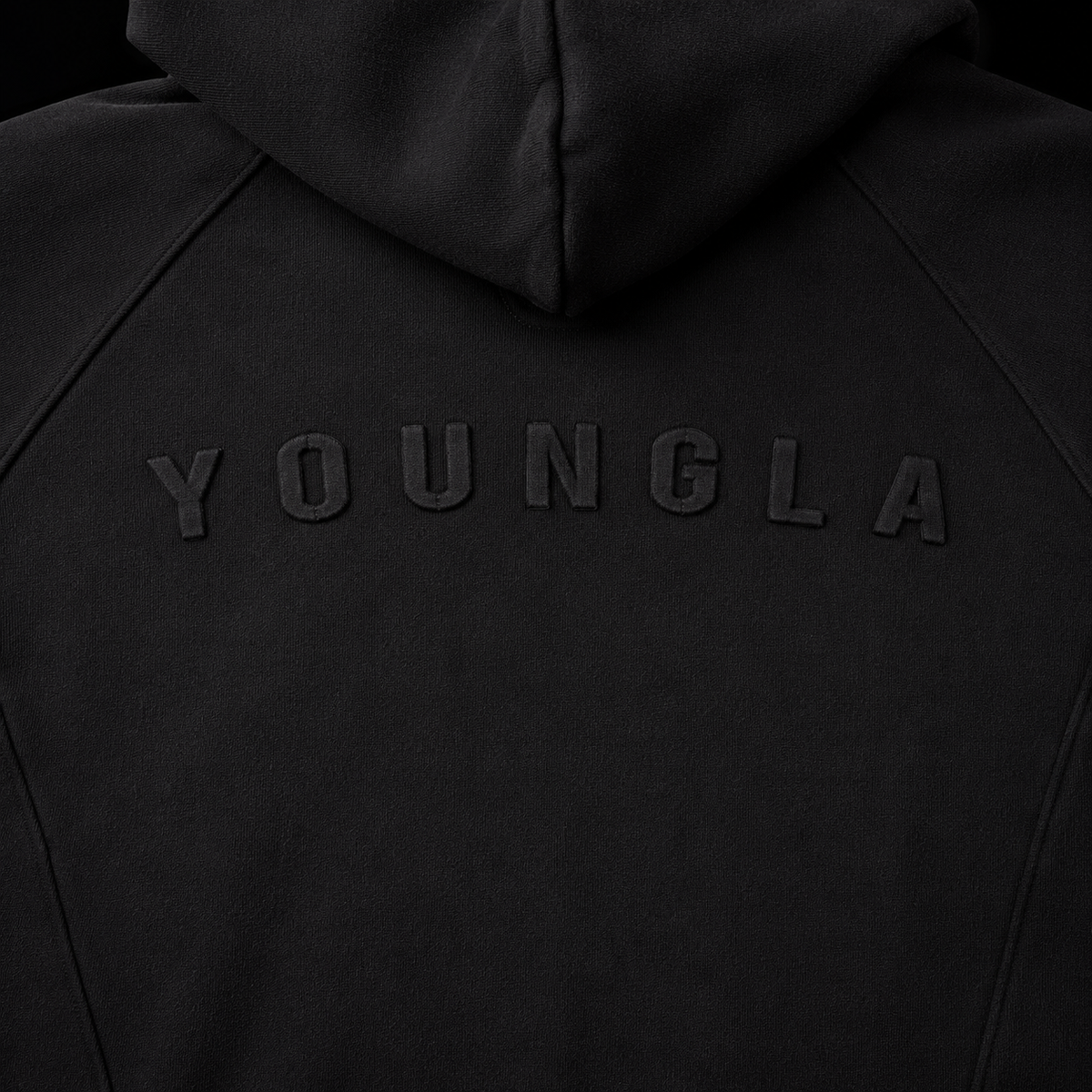 YoungLA 5094 Superman Shield Hoodies Black Wash, detalle de logo y material — Crazy!Duck Hype