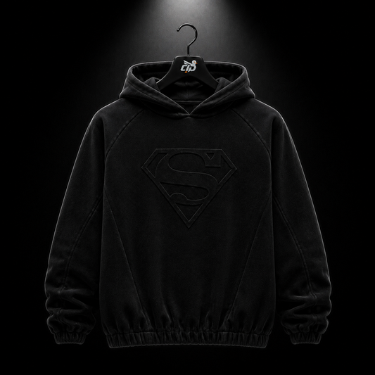 YoungLA 5094 Superman Shield Hoodies Black Wash, vista frontal — Crazy!Duck Hype