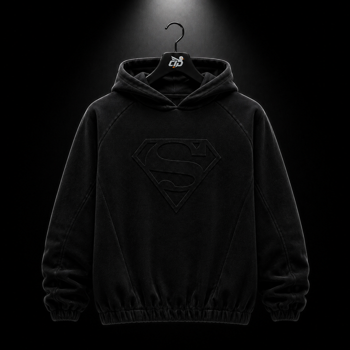 YoungLA 5094 Superman Shield Hoodies Black Wash, vista frontal — Crazy!Duck Hype