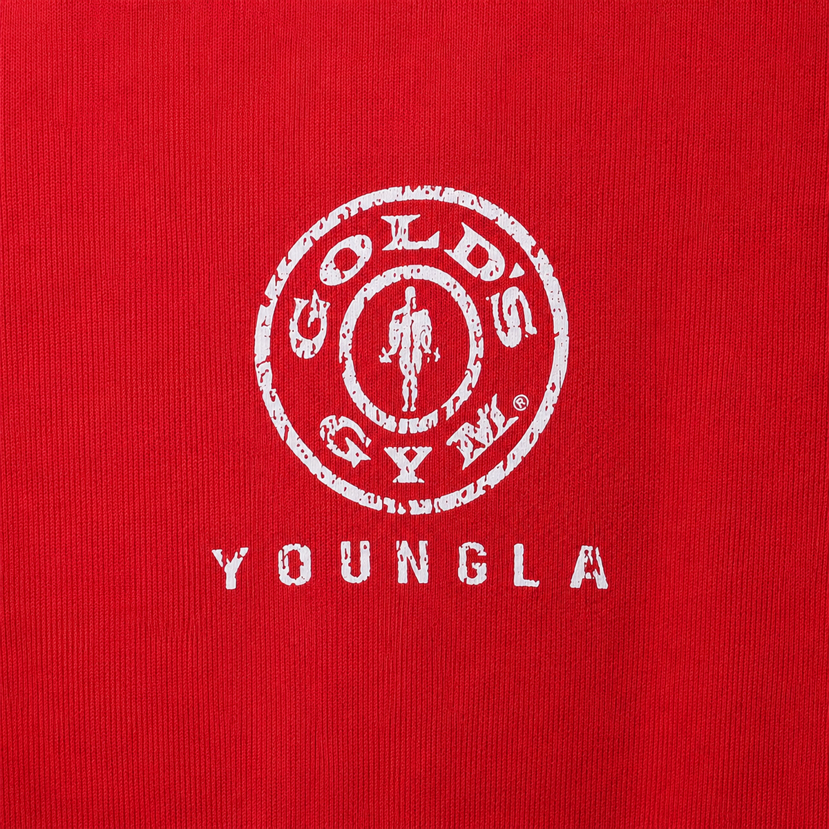 YoungLA 5161 Golds Gym Classic Pullovers Red, detalle de logo y material — Crazy!Duck Hype