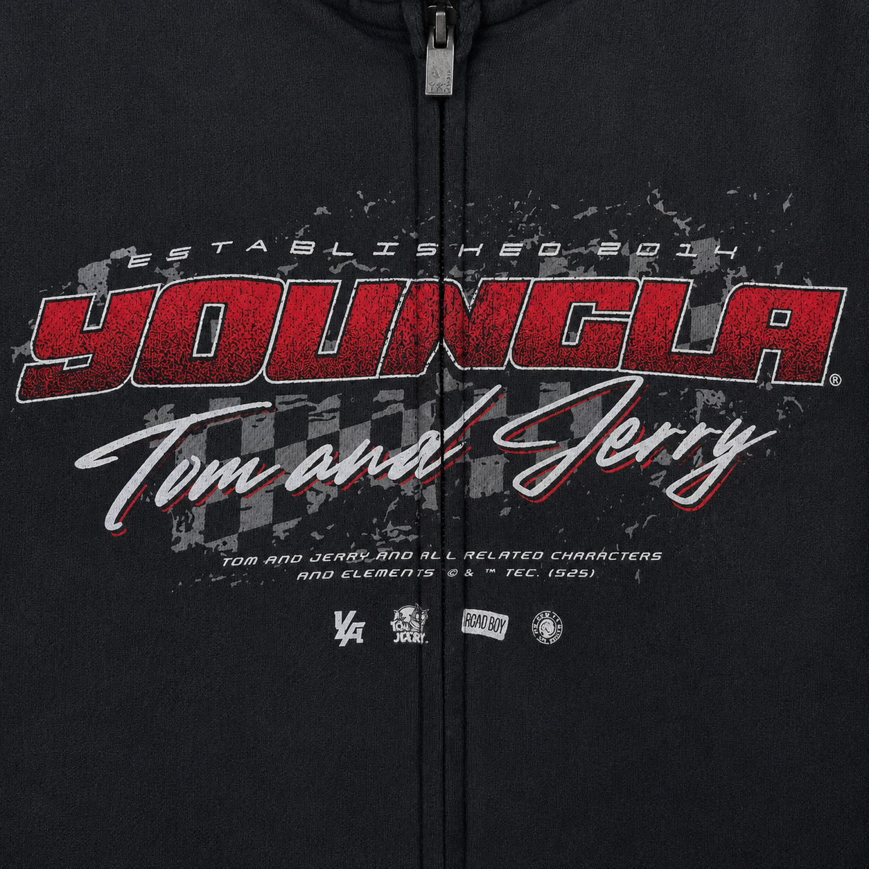 YoungLA 5179 Tom & Jerry Zipup Jerry Kart, detalle de logo y material — Crazy!Duck Hype