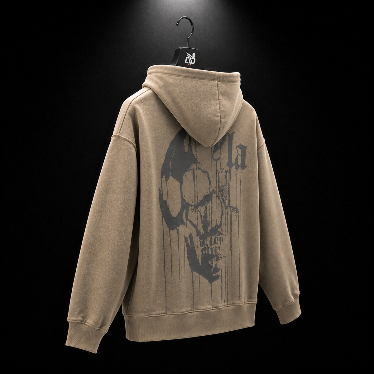 YoungLA 551 Drippy Skull Hoodie Beige, vista completa — Crazy!Duck Hype