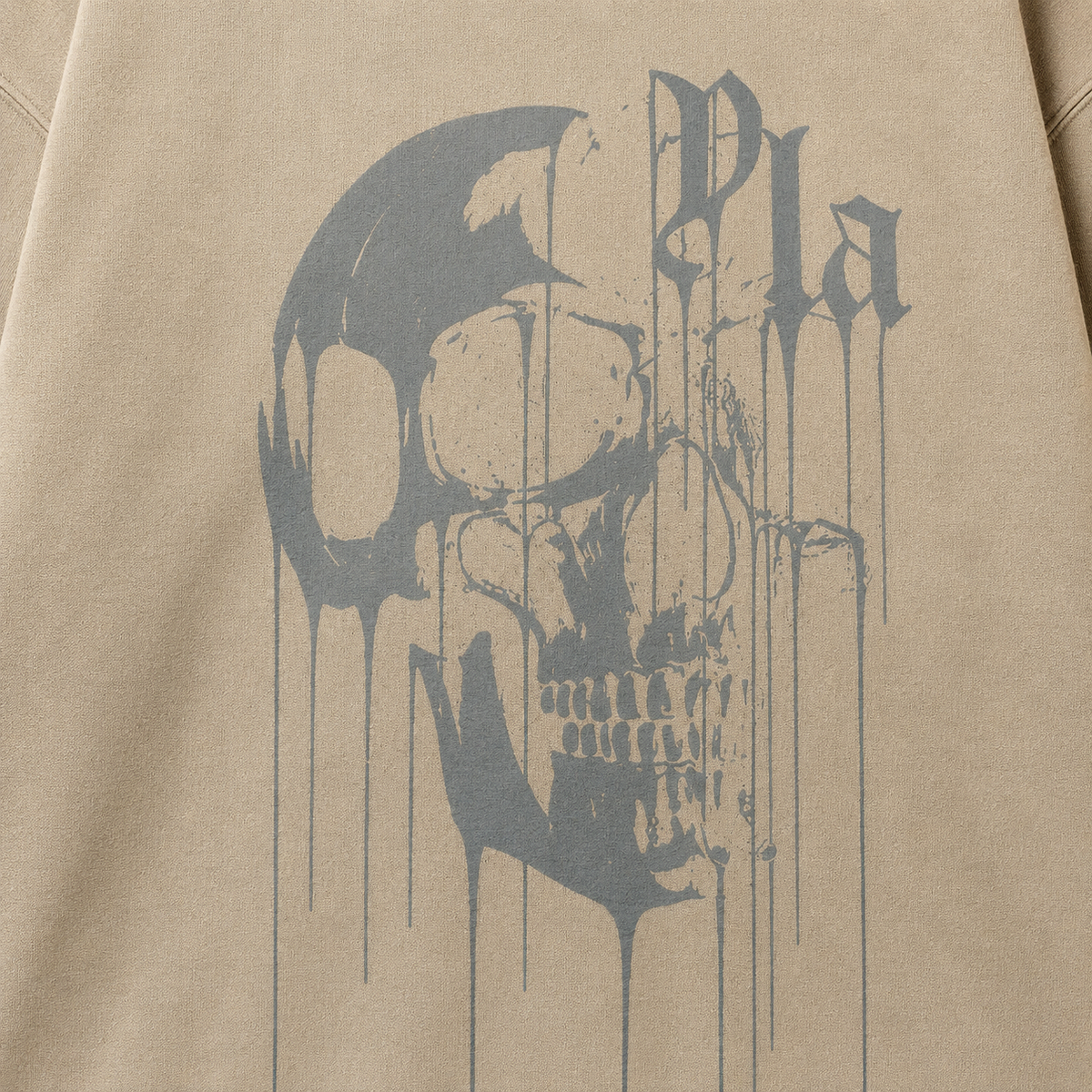 YoungLA 551 Drippy Skull Hoodie Beige, detalle de estampado — Crazy!Duck Hype