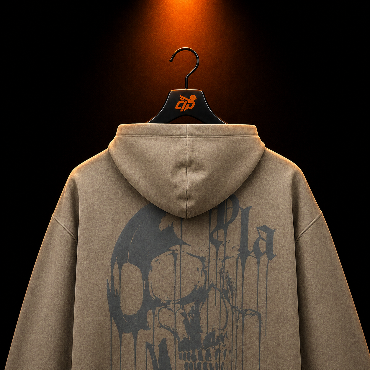 YoungLA 551 Drippy Skull Hoodie Beige con presentación de producto — Crazy!Duck Hype