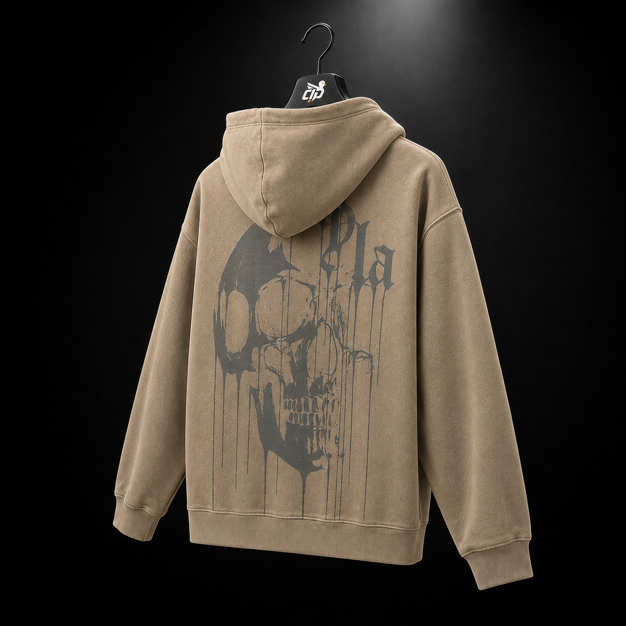 YoungLA 551 Drippy Skull Hoodie Beige, vista trasera — Crazy!Duck Hype