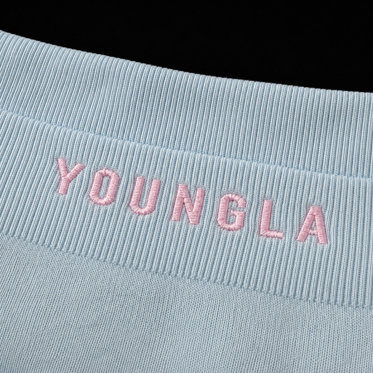 YoungLA W164 Core Luxe Shorts Seafoam Blue, detalle de logo y material — Crazy!Duck Hype